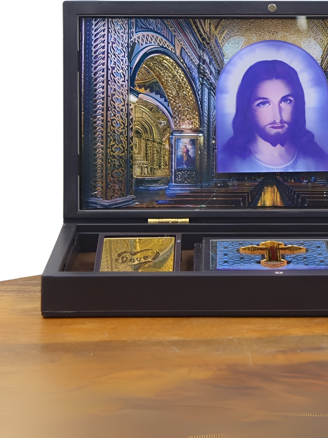 INTERNATIONAL GIFT Gold-Toned Jesus Temple Frame Compact Spiritual Box Pooja Essentials
