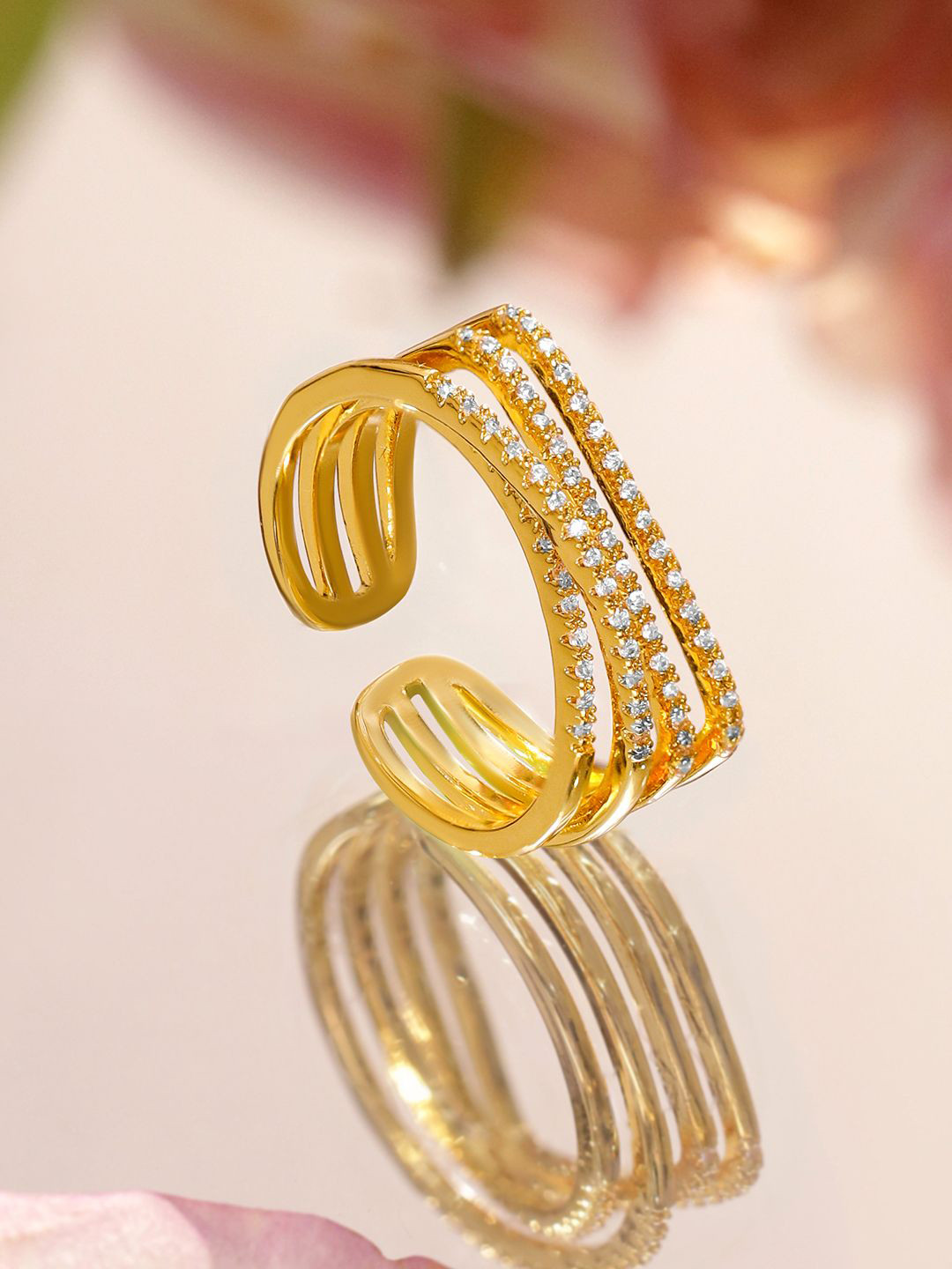 Rubans 18K Gold-Plated Adjustable Triple Row Crystal-Studded Open Statement Ring