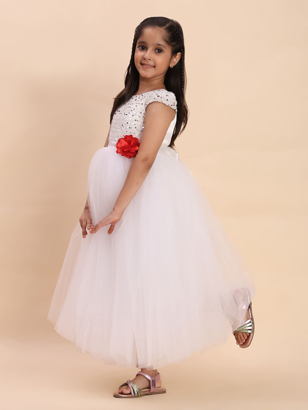 Toy Balloon kids Girls Round Neck Cape Sleeve Floral Applique Net Fit & Flare Maxi Dress