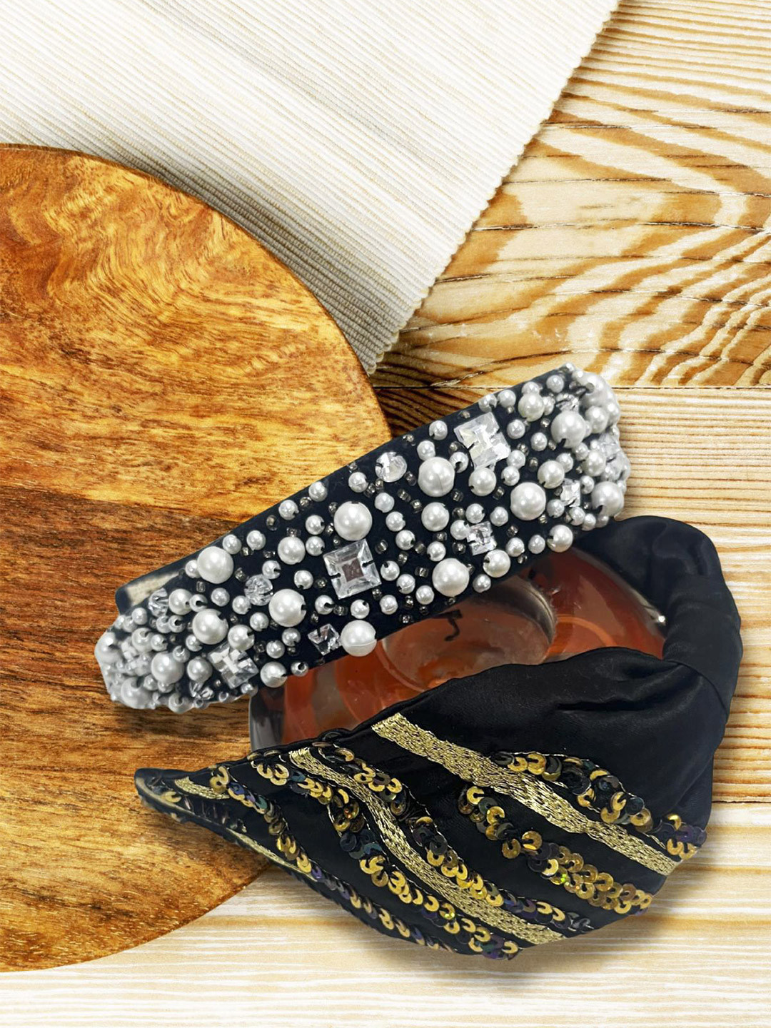 Rhe-Ana Women Set of 2 Pearl Embellished & Sequin Fabric Hairband