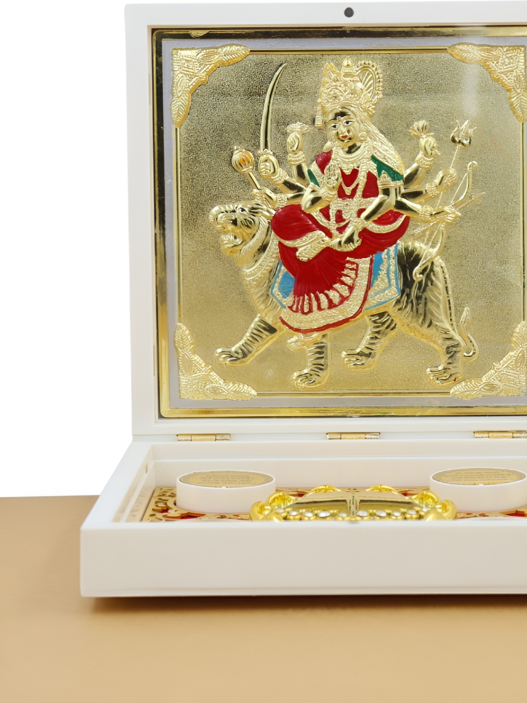 INTERNATIONAL GIFT Gold-Toned Durga Mata Charan Paduka Spiritual Box Pooja Essentials