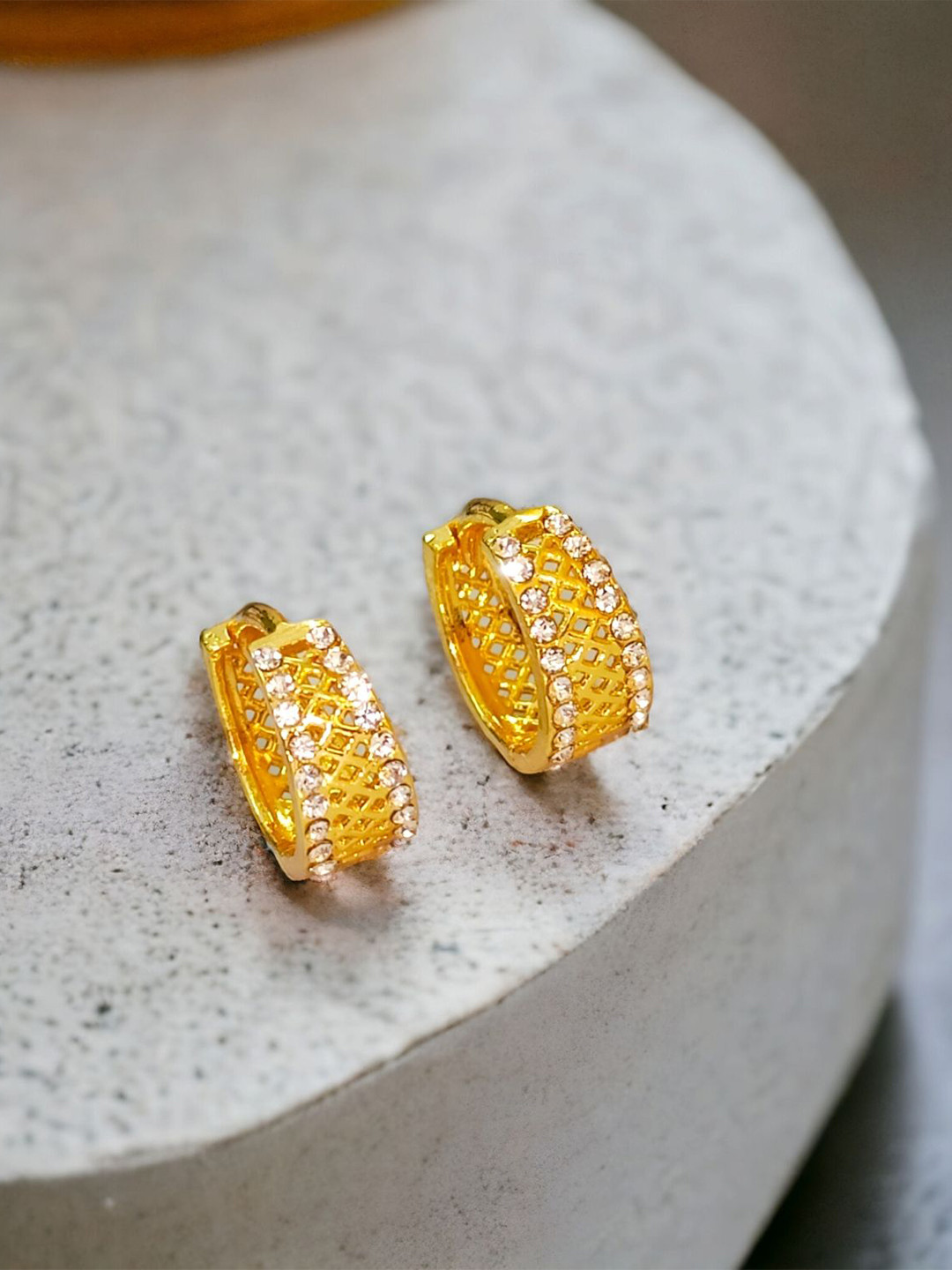 MA FASHION Gold-Plated Artificial Stones Studded Circular Hoop Earrings