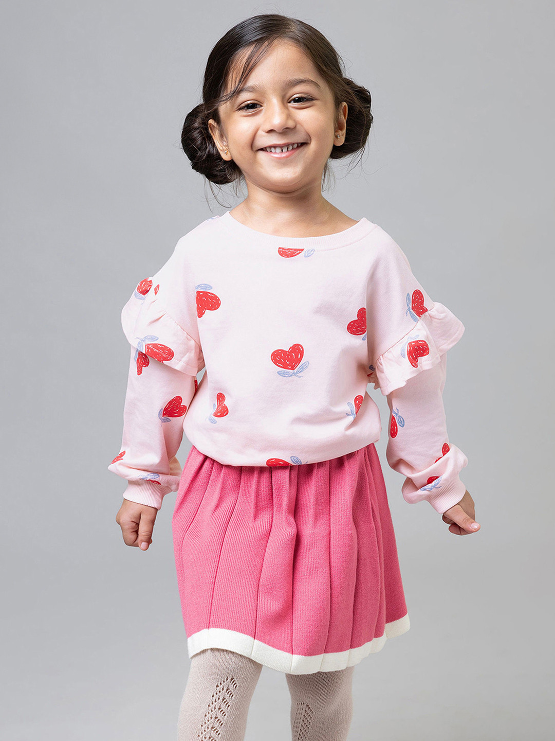 Hopscotch Girls Pink & Red Heart Printed Cotton Round Neck Ruffled Sleeve Sweatshirt