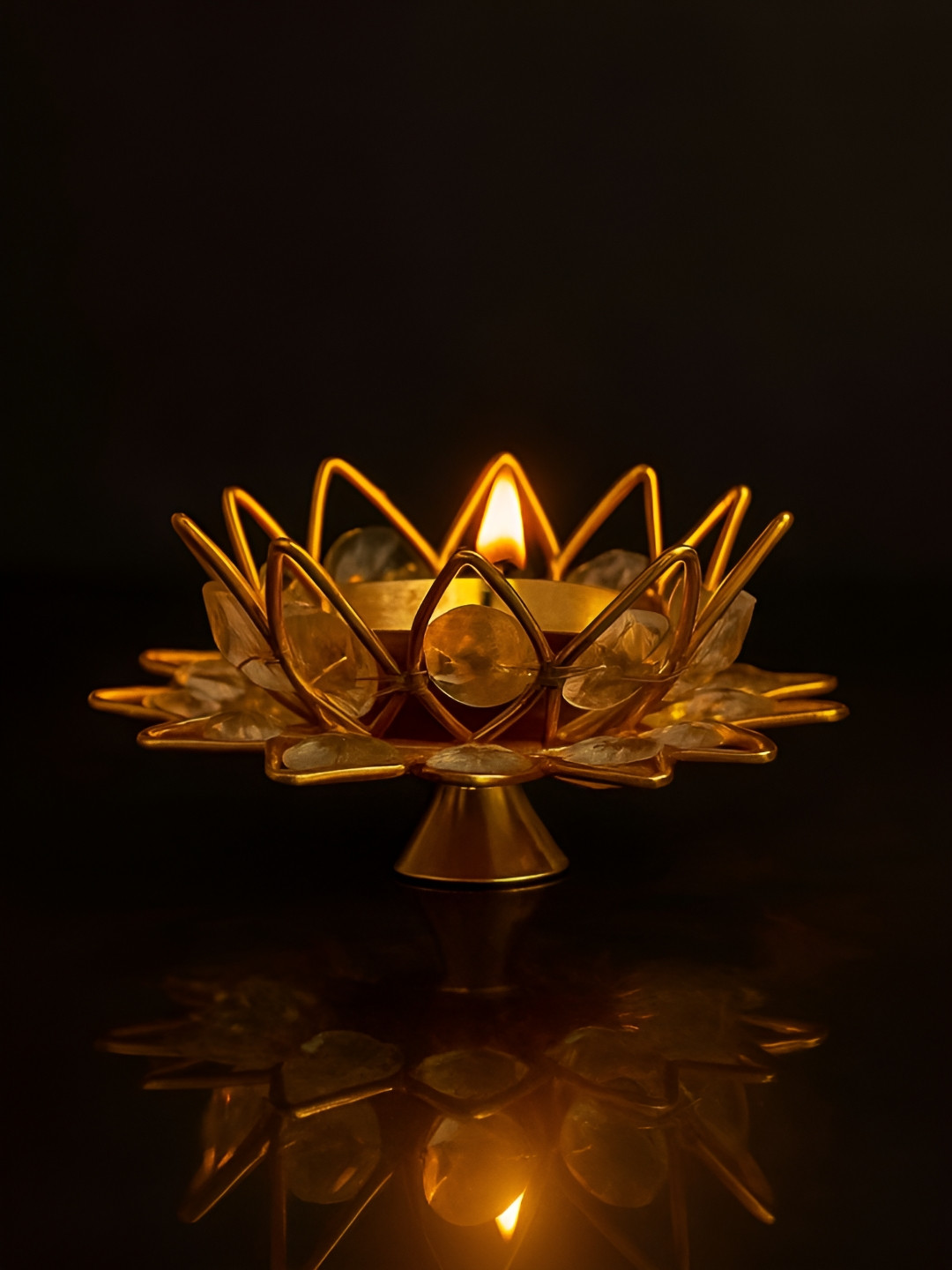 INTERNATIONAL GIFT Gold-Plated Crystal Lotus Diya For Festive & Home Decor