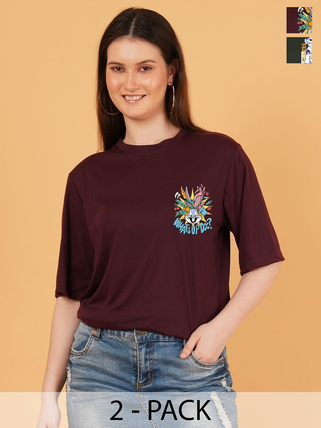 Parona Women Pack of 2 Humour and Comic Printed Drop-Shoulder Sleeves T-shirt
