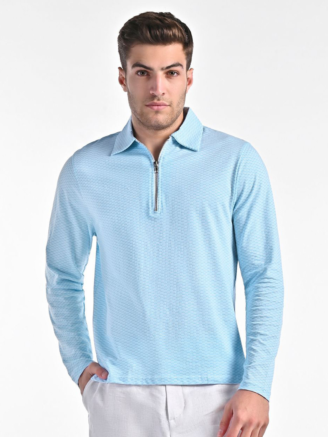 VELLURE Men Self Design Polo Collar Cotton T-shirt