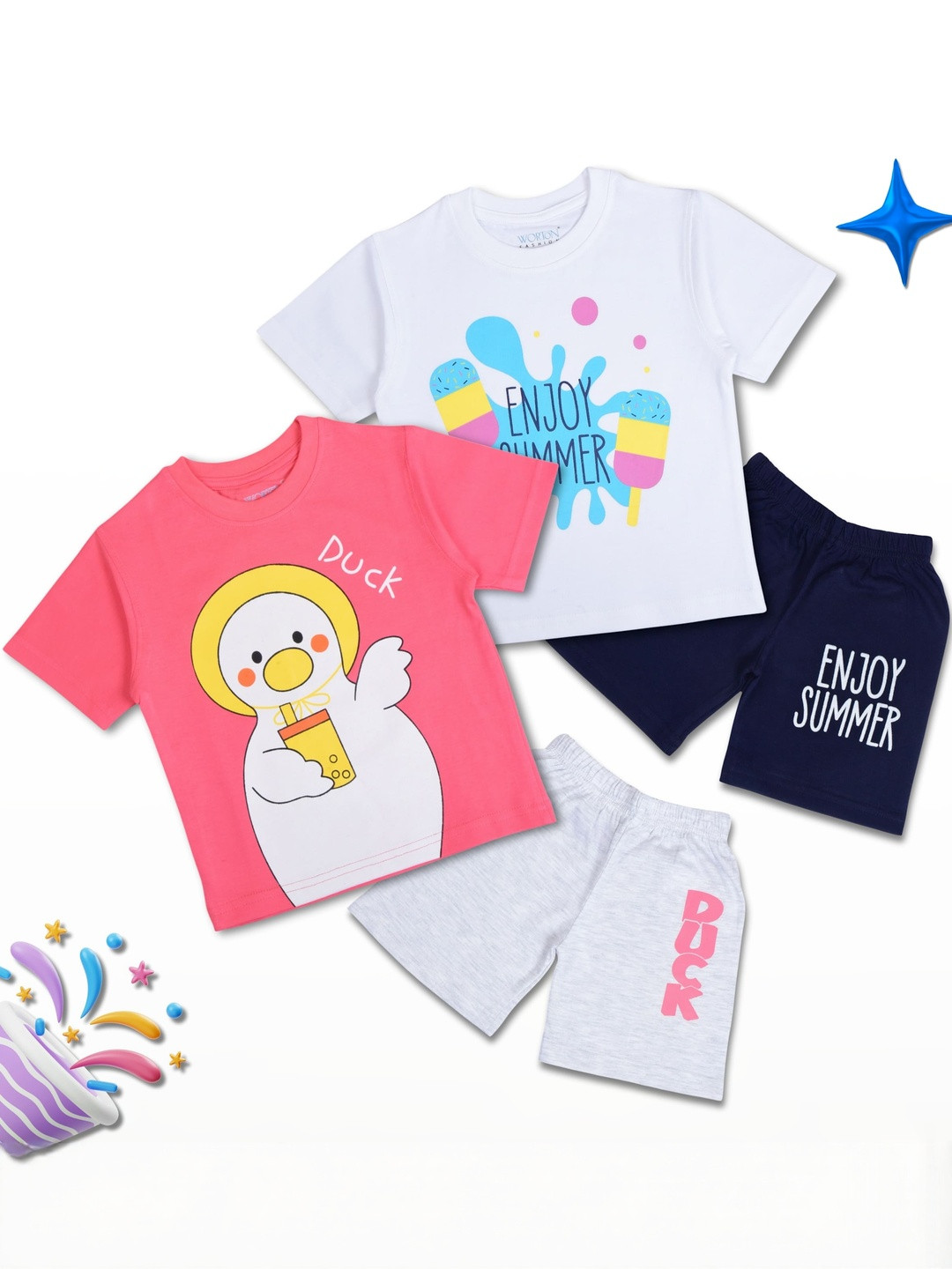 WORTON FASHION Unisex Kids Pack of 2 Sets Printed T-shirt with Shorts