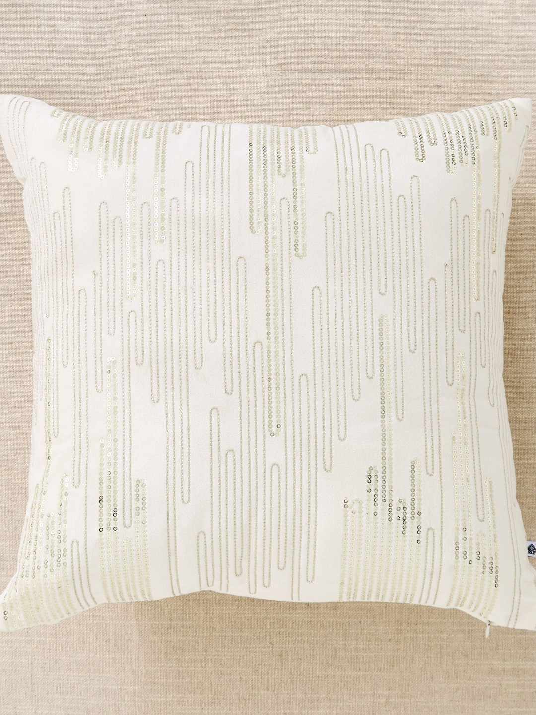 Home Centre Opera Auric Off-White & Yellow Embroidered Velvet Square Pre-Filled Cushion