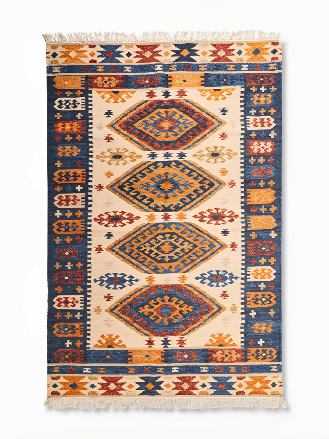 Fabindia Purva Blue & Yellow Ethnic Motifs Printed Woolen Dhurrie