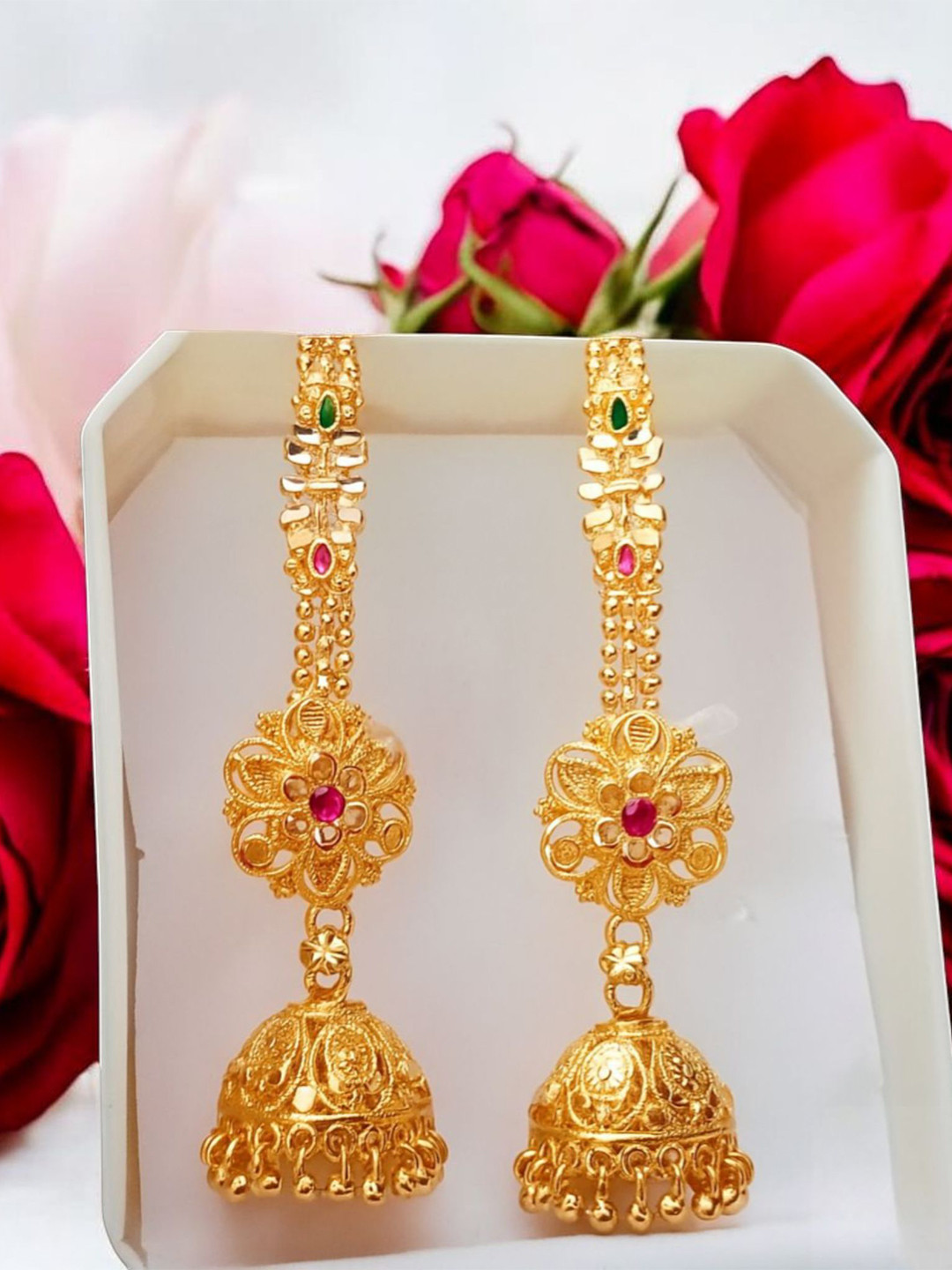 MA FASHION Gold-Plated Artificial Stones Studded Dome Shaped Jhumkas
