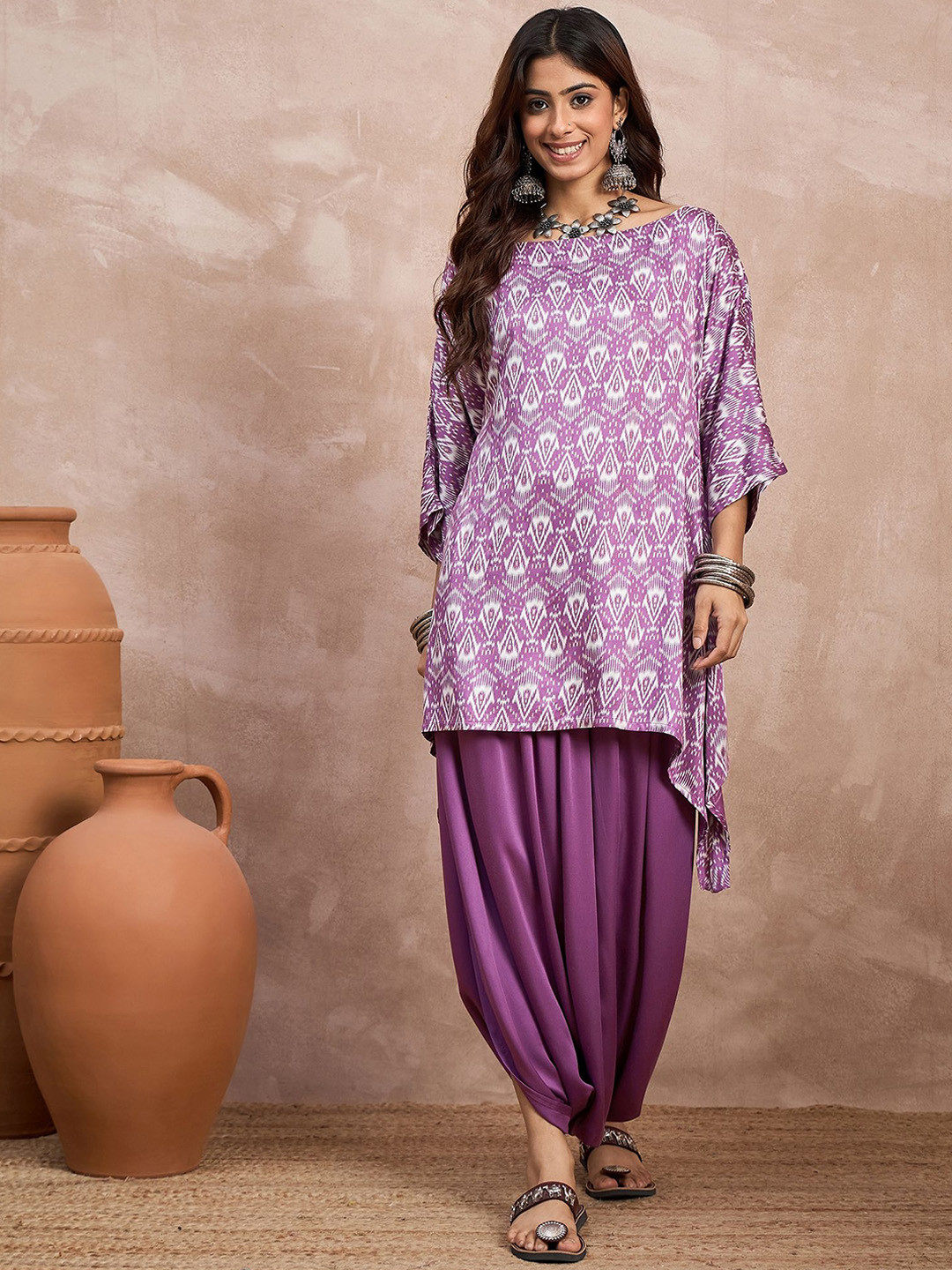 InWeave Ethnic Motifs Printed Boat Neck A-line Kurti With Dhoti Pants