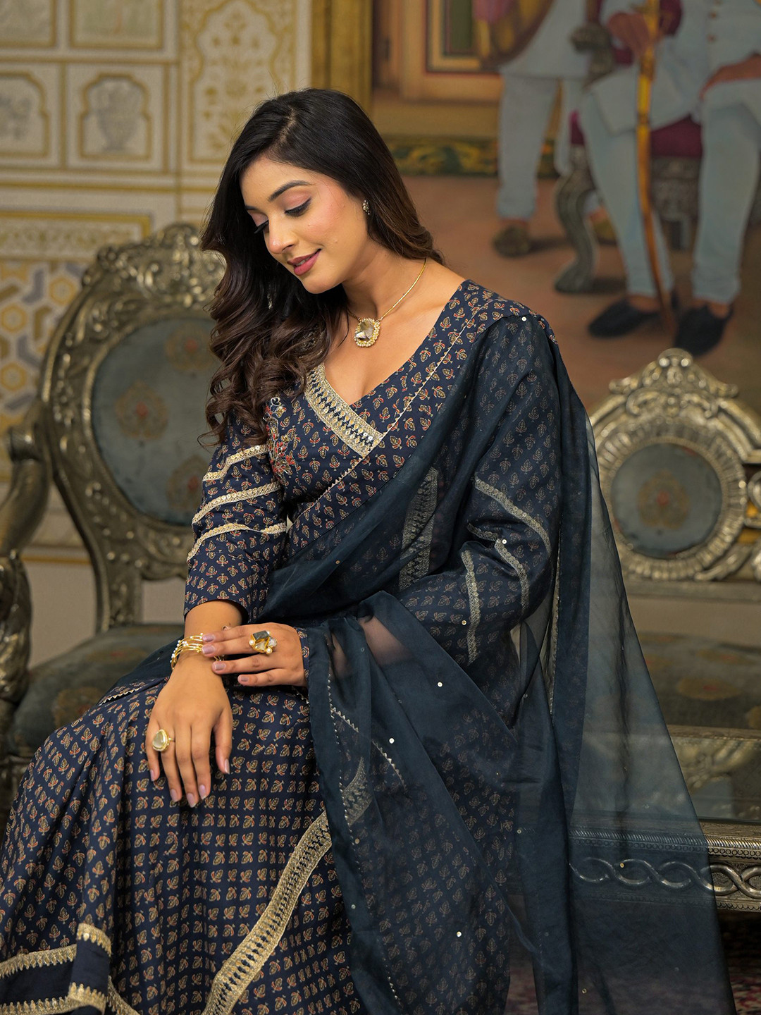 Aavanya Navy Blue Cotton Angrakha Anarkali V-Neck Zari Kurta and Trouser with Dupatta