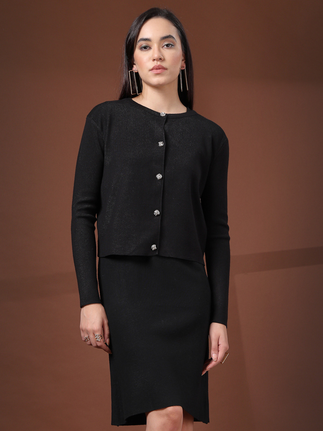 Mafadeny Scoop Neck Dress with Statement Button Detail Cropped Cardigan