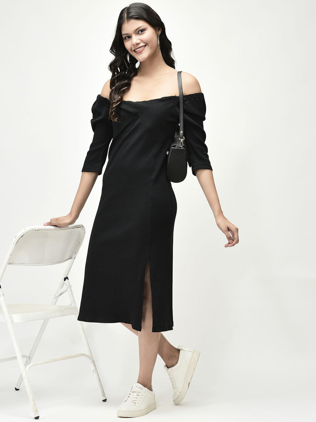 R.Code by The Roadster Life Co. Women Off-Shoulder Slits Cotton A-Line Midi Dress