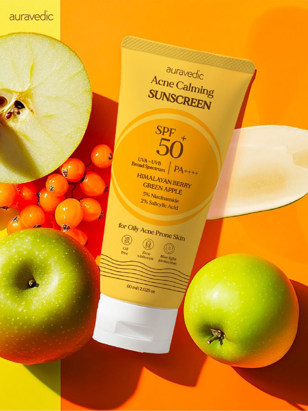 Auravedic Acne Calming SPF50+ Sunscreen with Himalayan Berry & Green Apple - 60 ml