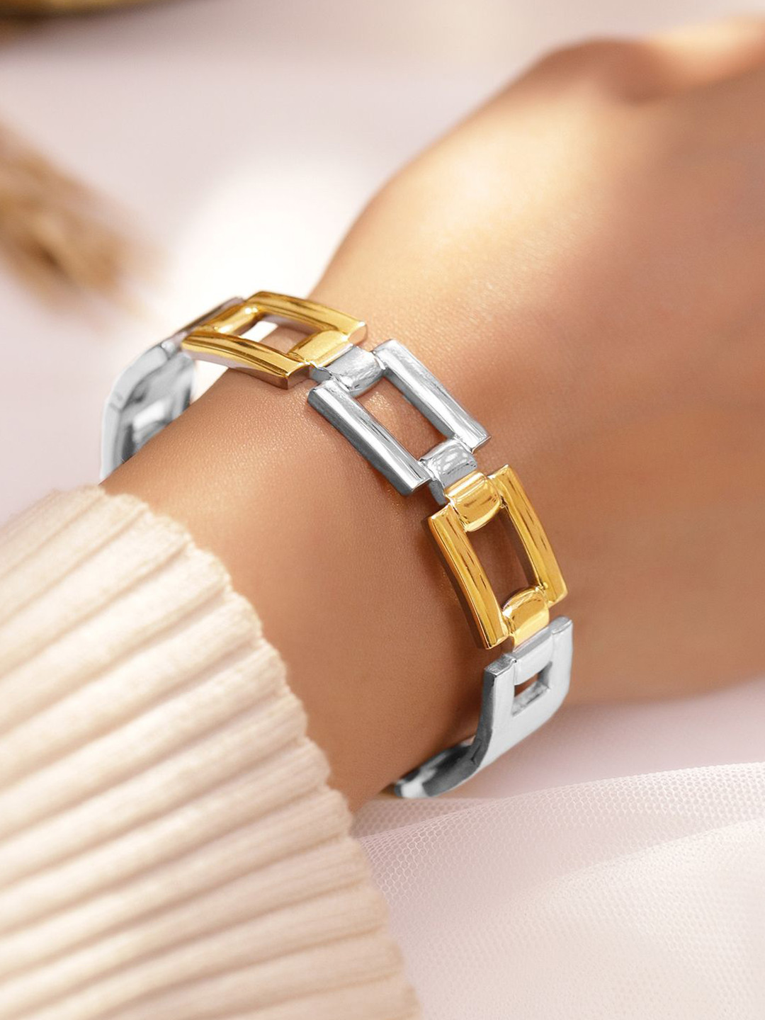Rubans Voguish Dual-Plated Silver & 18K Gold Chunky Geometric Link Statement Bracelet