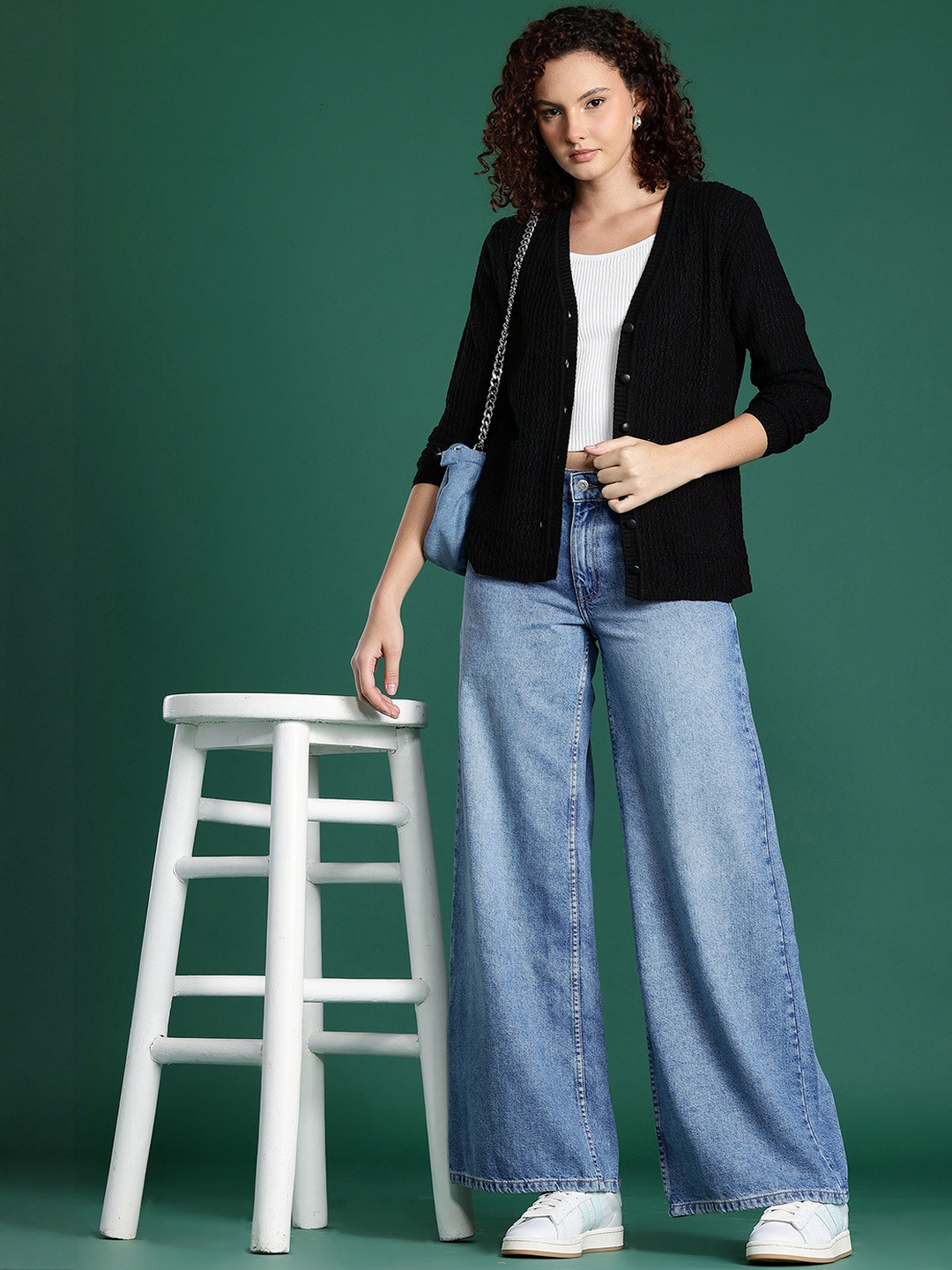 Roadster Women Black Woolen Cable Knit V-neck Cardigan