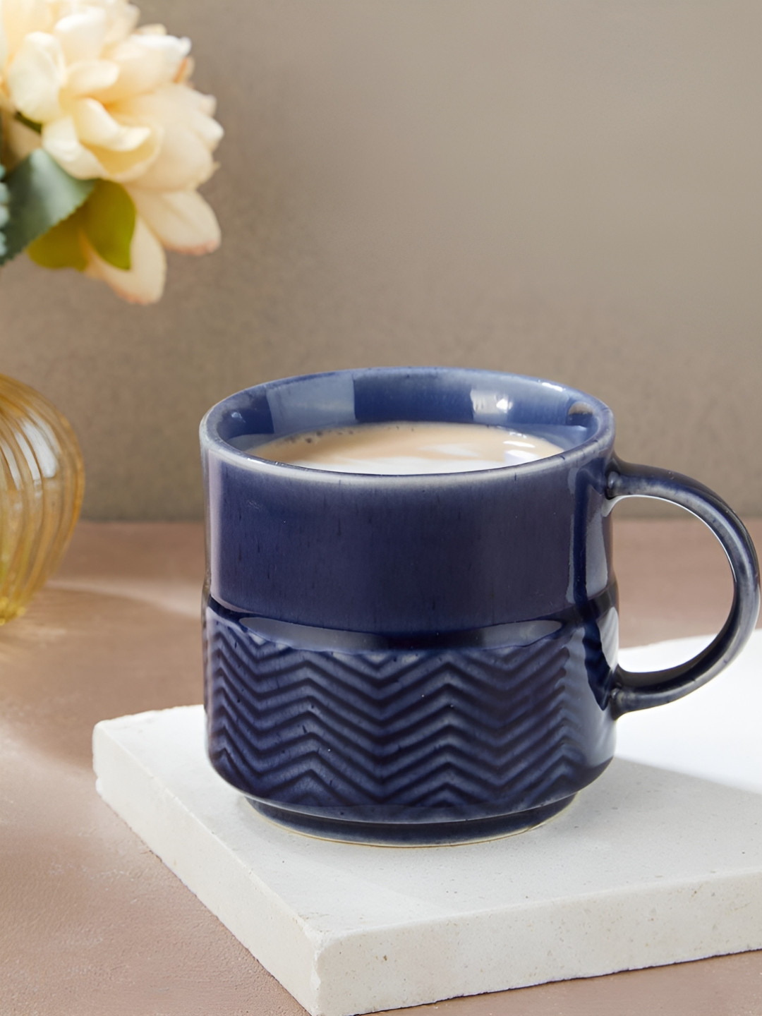Fabindia Parth Glazed Blue Textured Ceramic Glossy Mug 300ml