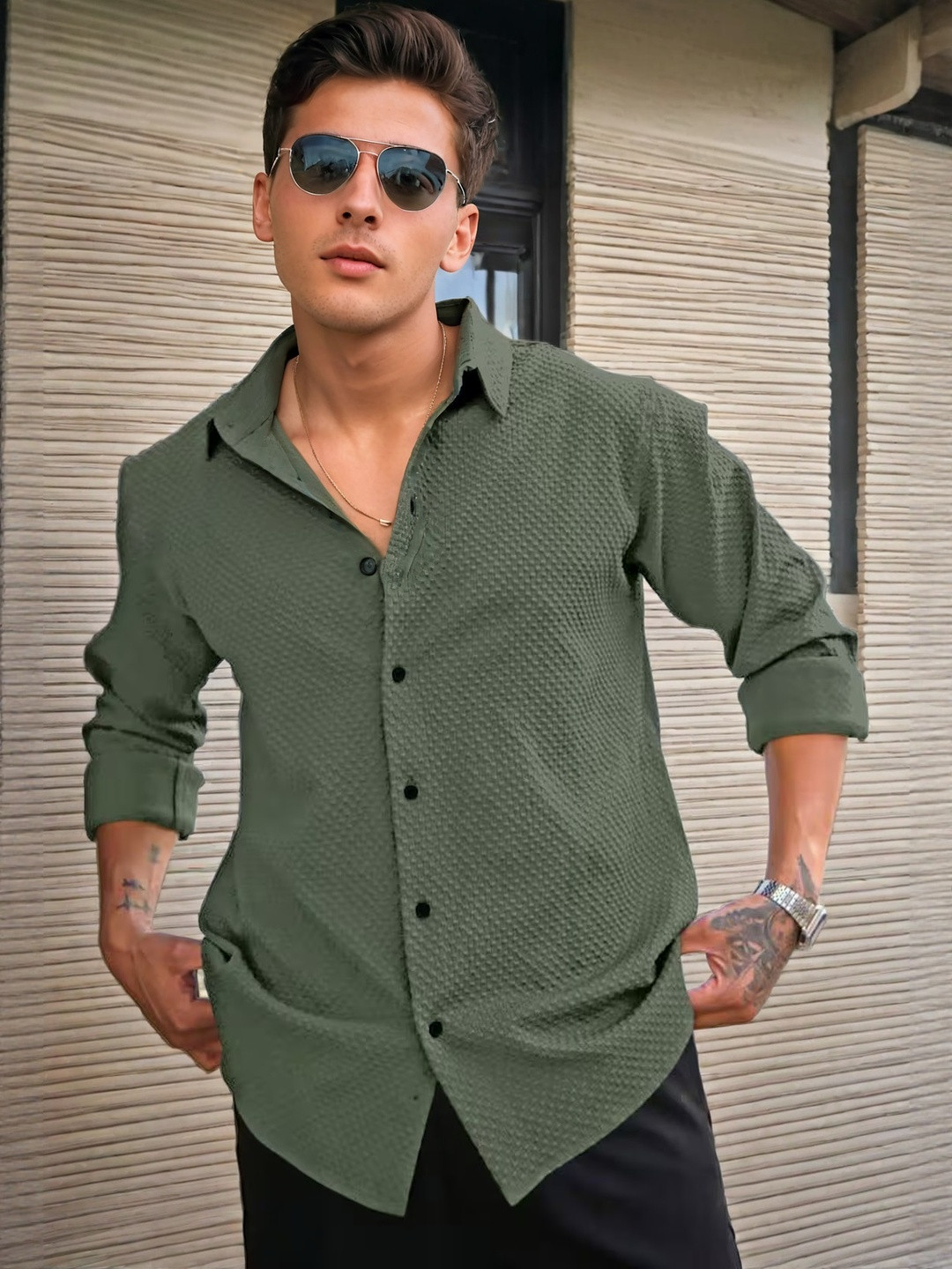 SZN Men Green Solid Textured Semi Sheer Shirt