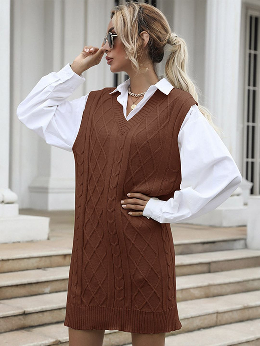 StyleCast Women Coffee Brown Self Design Mini Dress