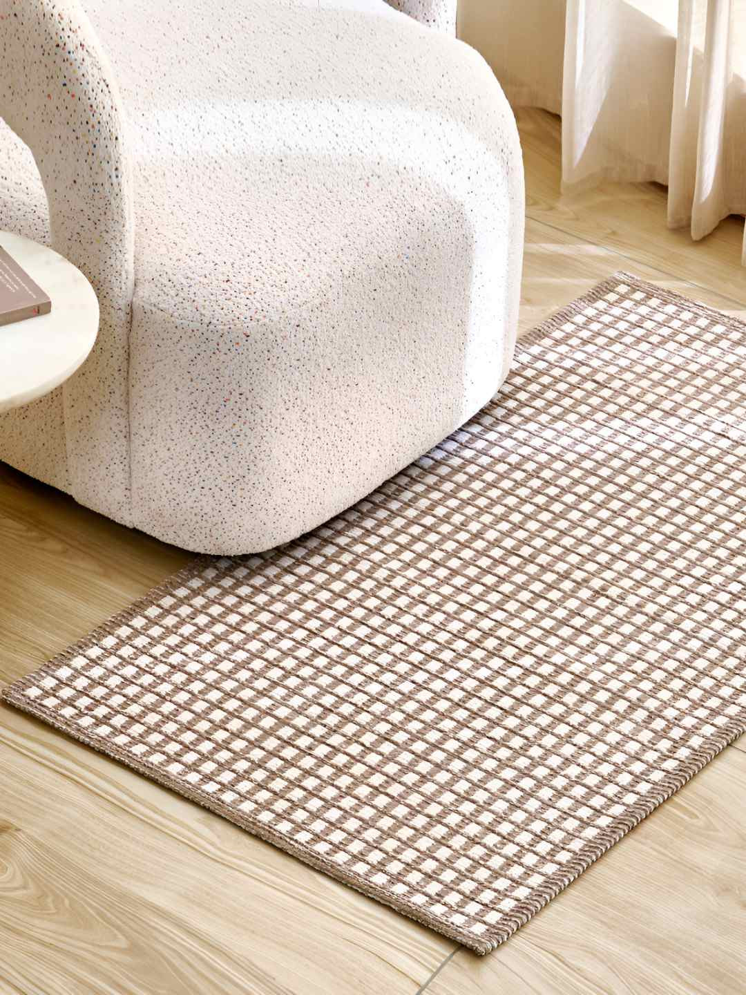 Home Centre Nicolas Billows Brown & White Geometric Printed Woven Rectangular Dhurrie