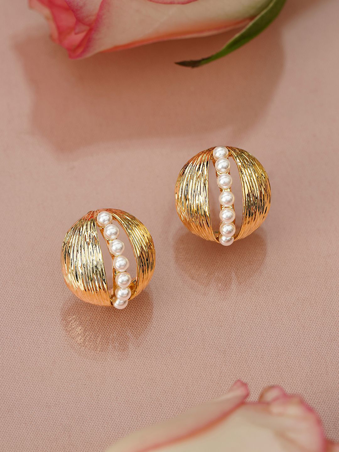 Rubans 18K Gold-Plated Brass Dome Stud Earrings with Ribbed Texture & Pearl Line Detailing