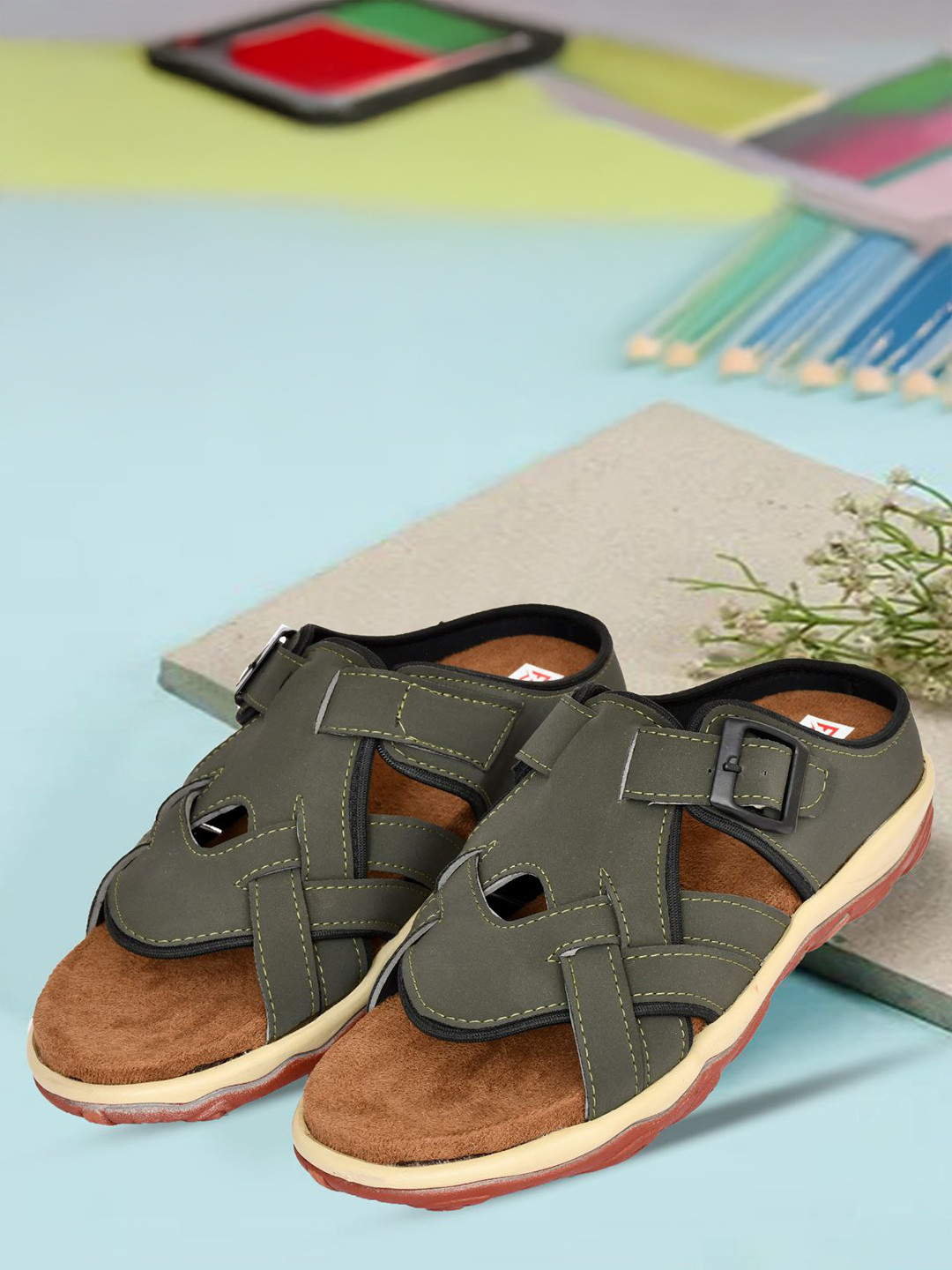 FAV SHOES Men Synthetic Leather Cross Strap Buckle Comfort Sandals