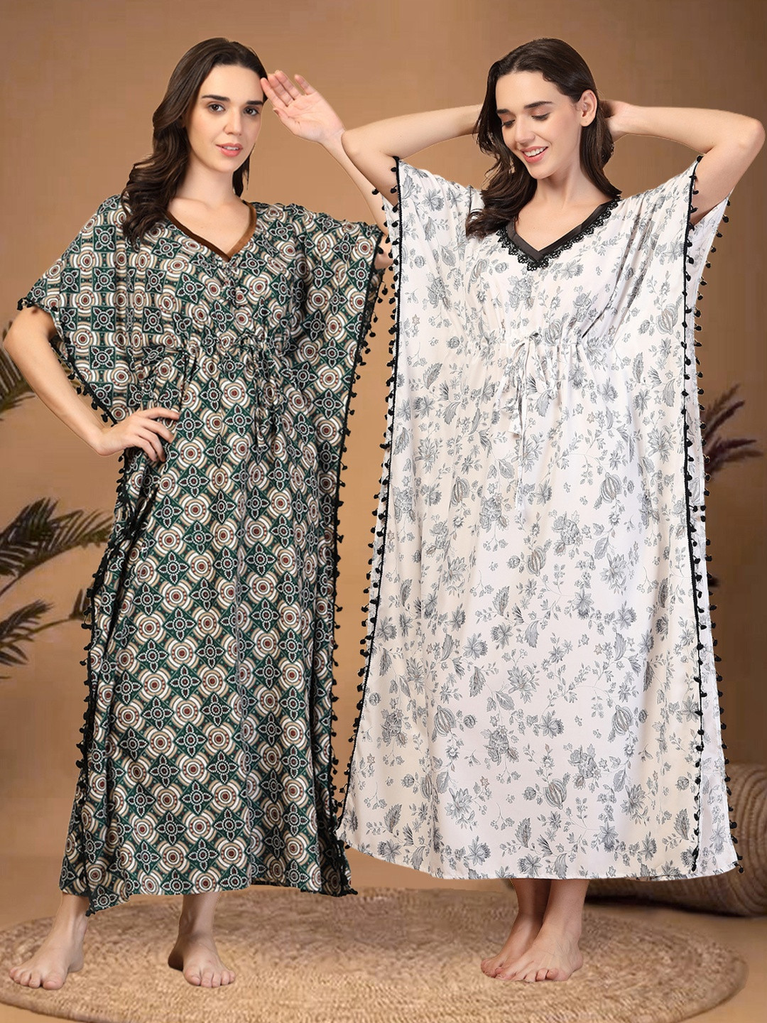 KLOTTHE Pack of 2 Printed Maxi Kaftan Nightdress