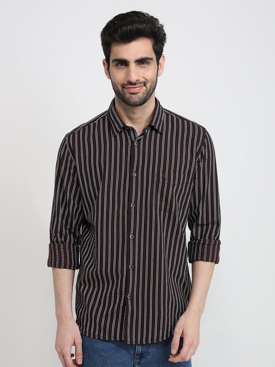 Parx Smart Vertical Striped Spread Collar Cotton Slim Fit Shirt