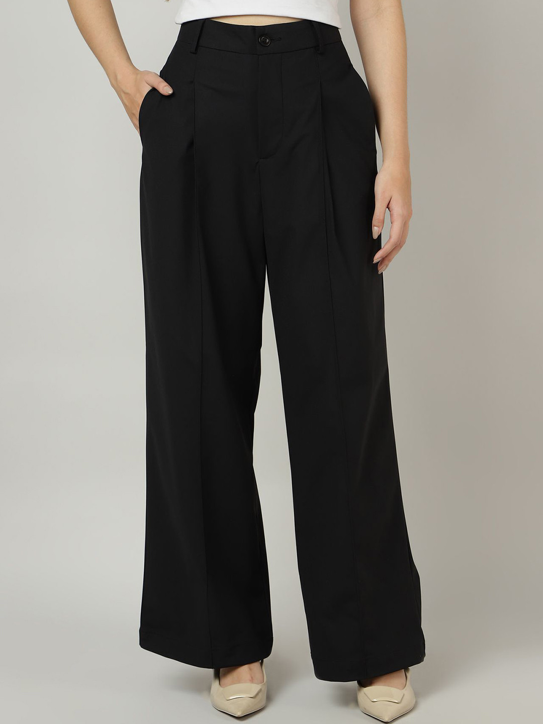 Sands of India Women Black Pleated Wide-Leg korean Pants