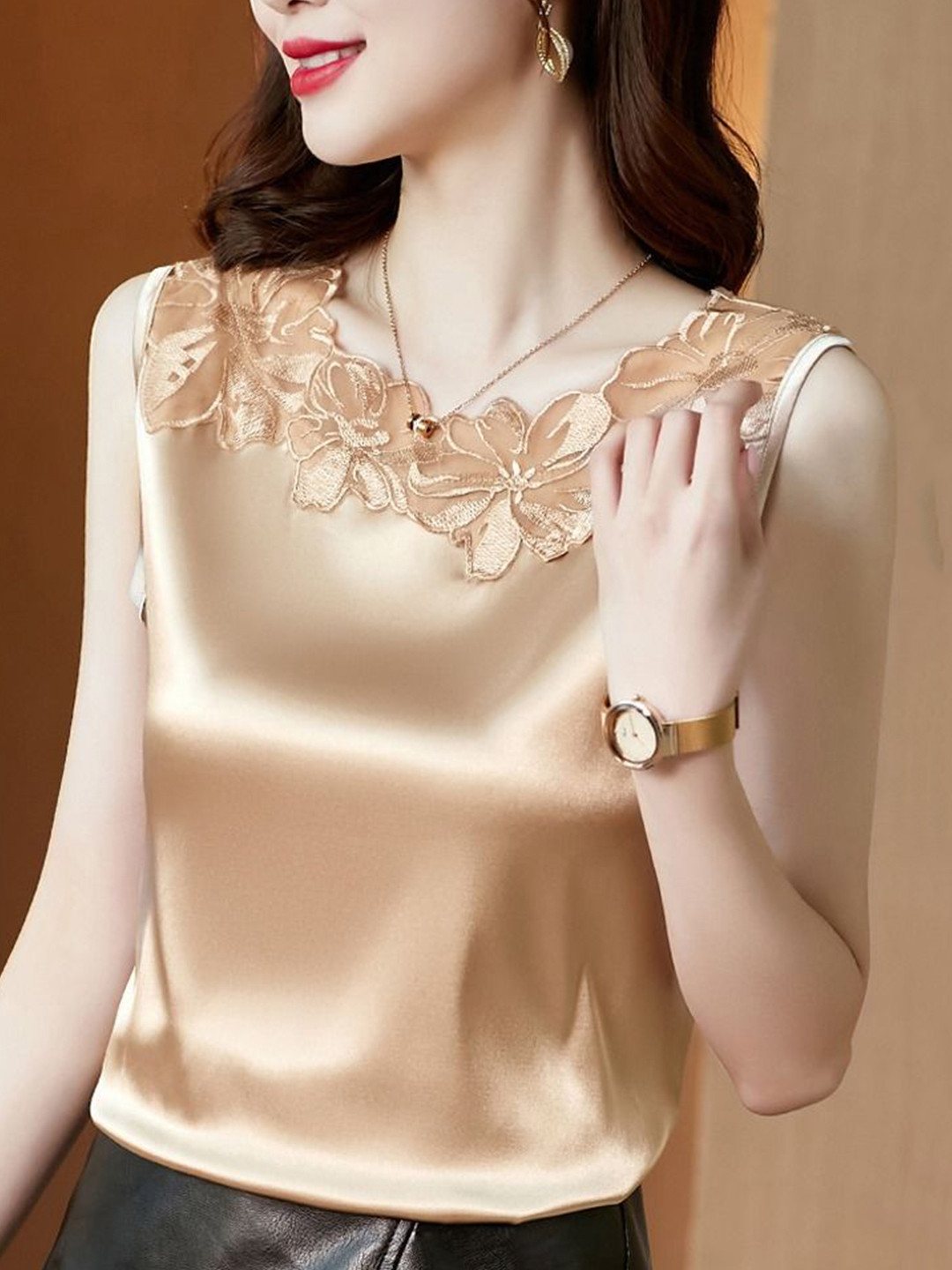 StyleCast Women Floral Embroidered Round Neck Sleeveless Top