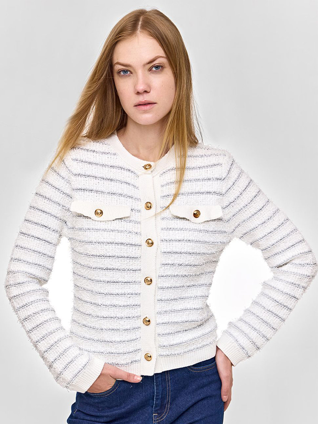 COVER STORY Women Striped Self Design V-Neck Cardigan
