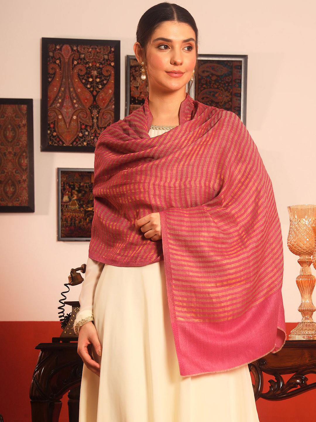 Pashmoda Striped Reversible Fringed Border Zari Shawl