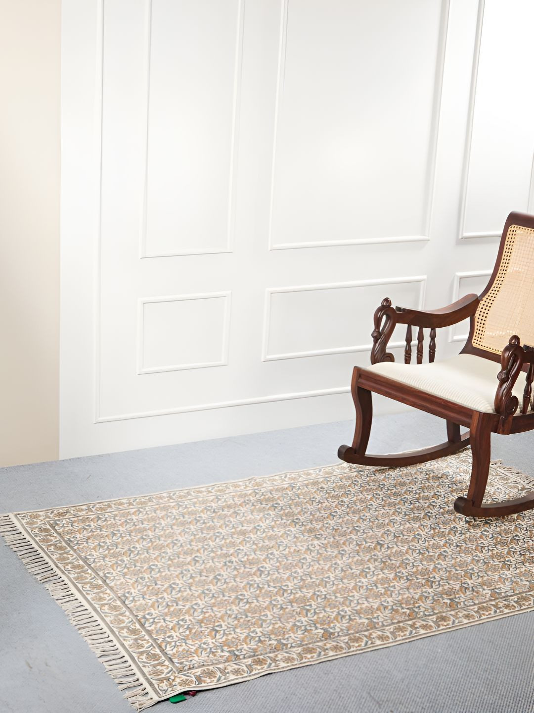 Fabindia Beige & Yellow Gulbag Hand Block Printed Cotton Floor Dhurrie