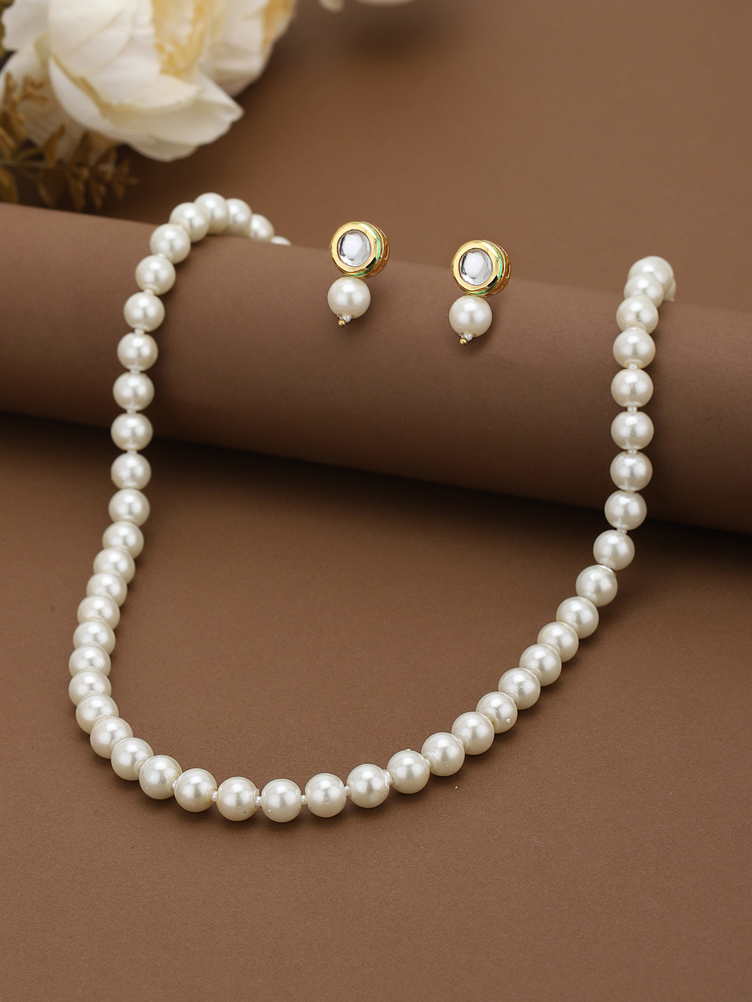 Gold Plated Pearl Beaded Necklace and Crystal Earring Set