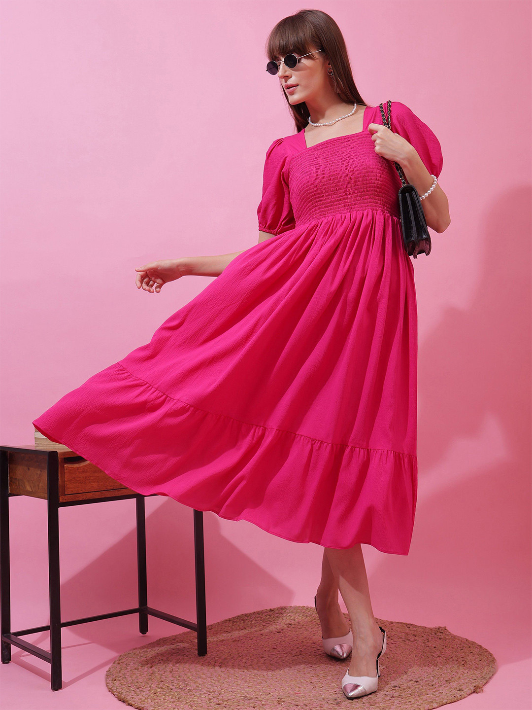 Honky Tonky Women Square Neck Smocked Detail Puff Sleeve Fit & Flare Midi Dress