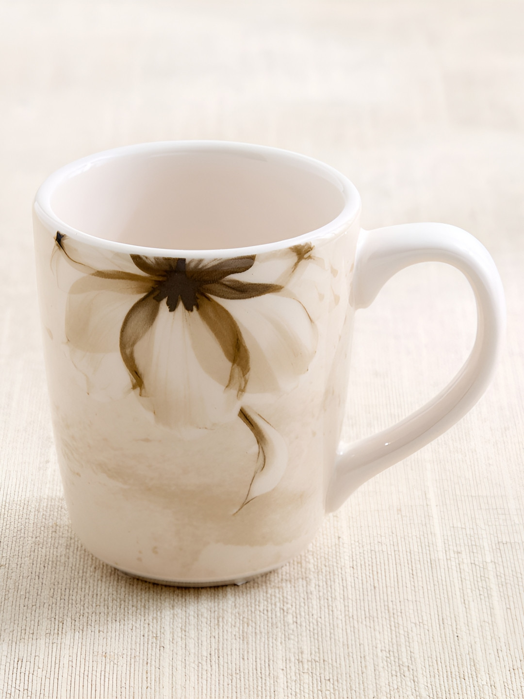 Home Centre Moksha Mocha Mousse Beige & Brown Floral Printed Stoneware Glossy Mug- 220ml