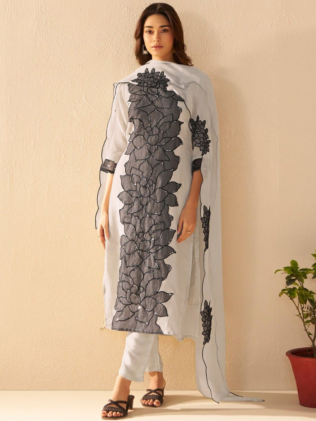 AUTUMN LANE Albeli Frost Floral Embroidered Sequinned Kurta With Trouser And Dupatta