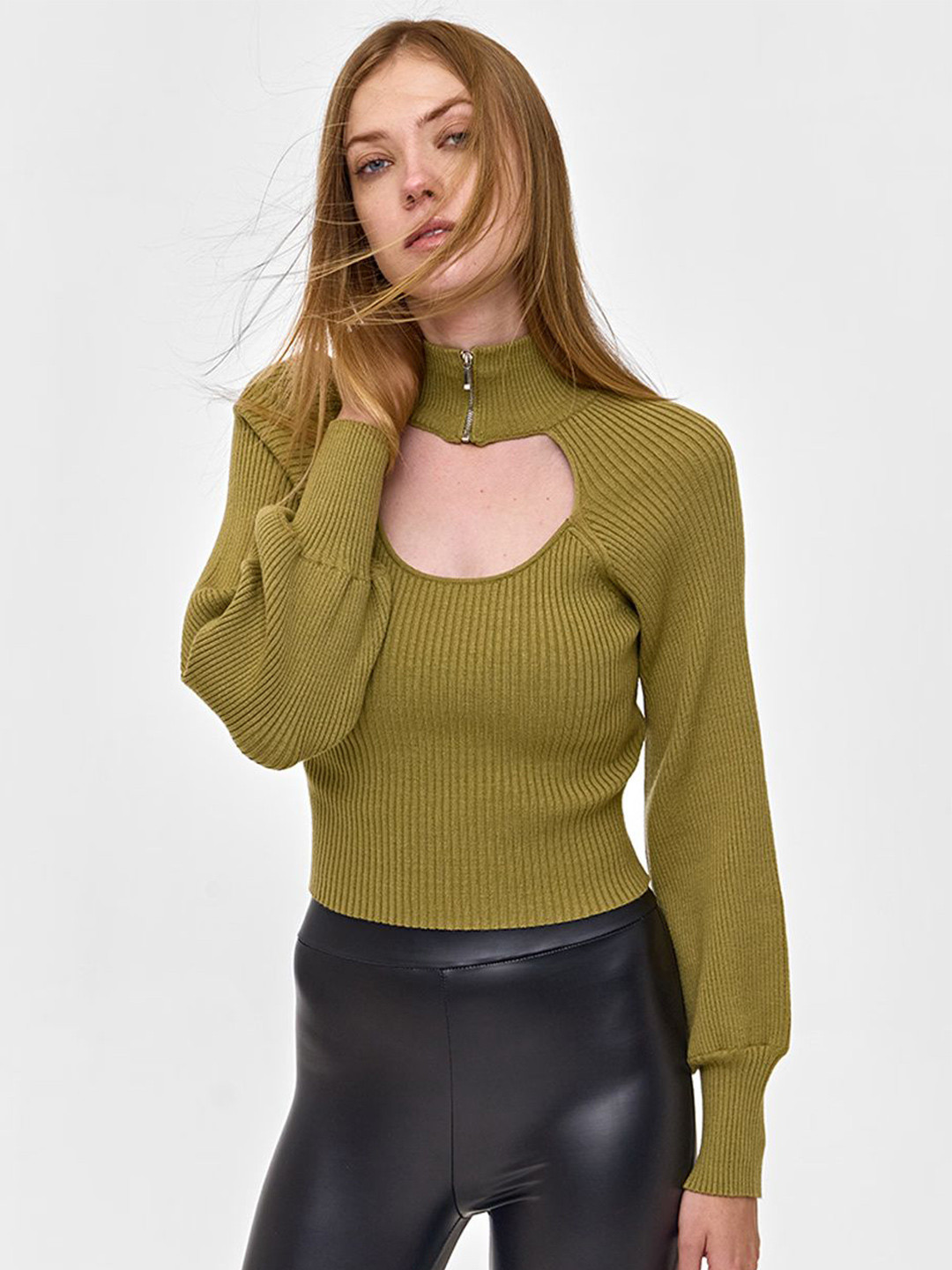 COVER STORY Women Ribbed High Neck Pullover with Cut Out