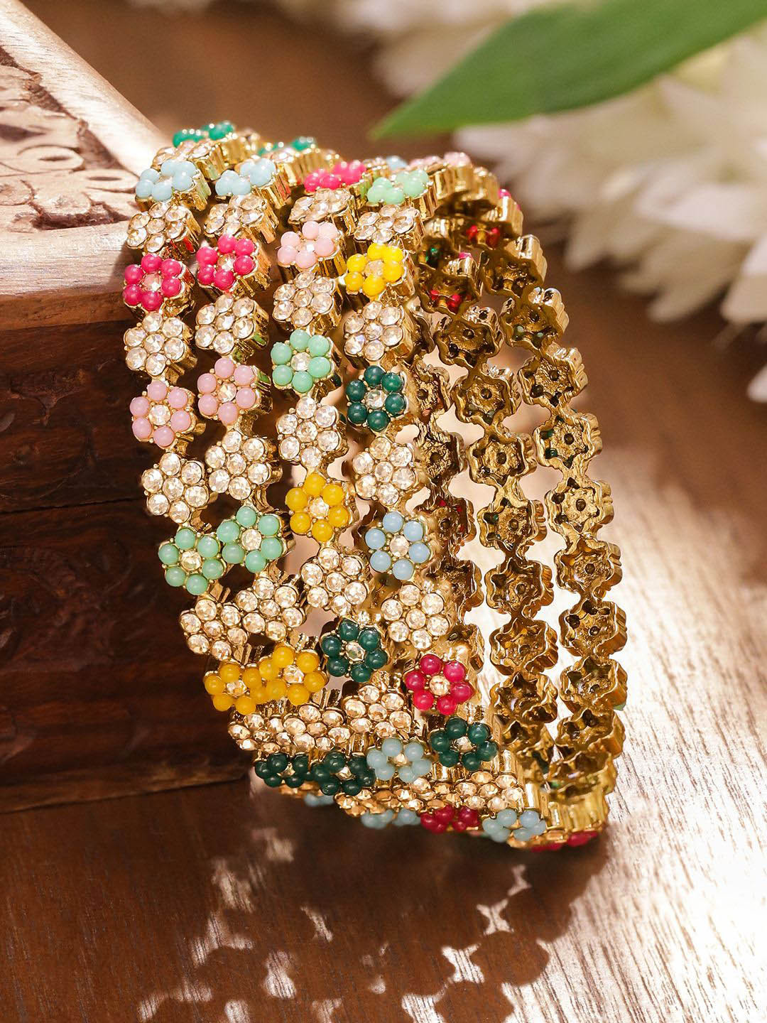 Rubans Set of 4 18K Gold-Plated Multicolor Bead & Stone-Studded Mini Floral Bangles