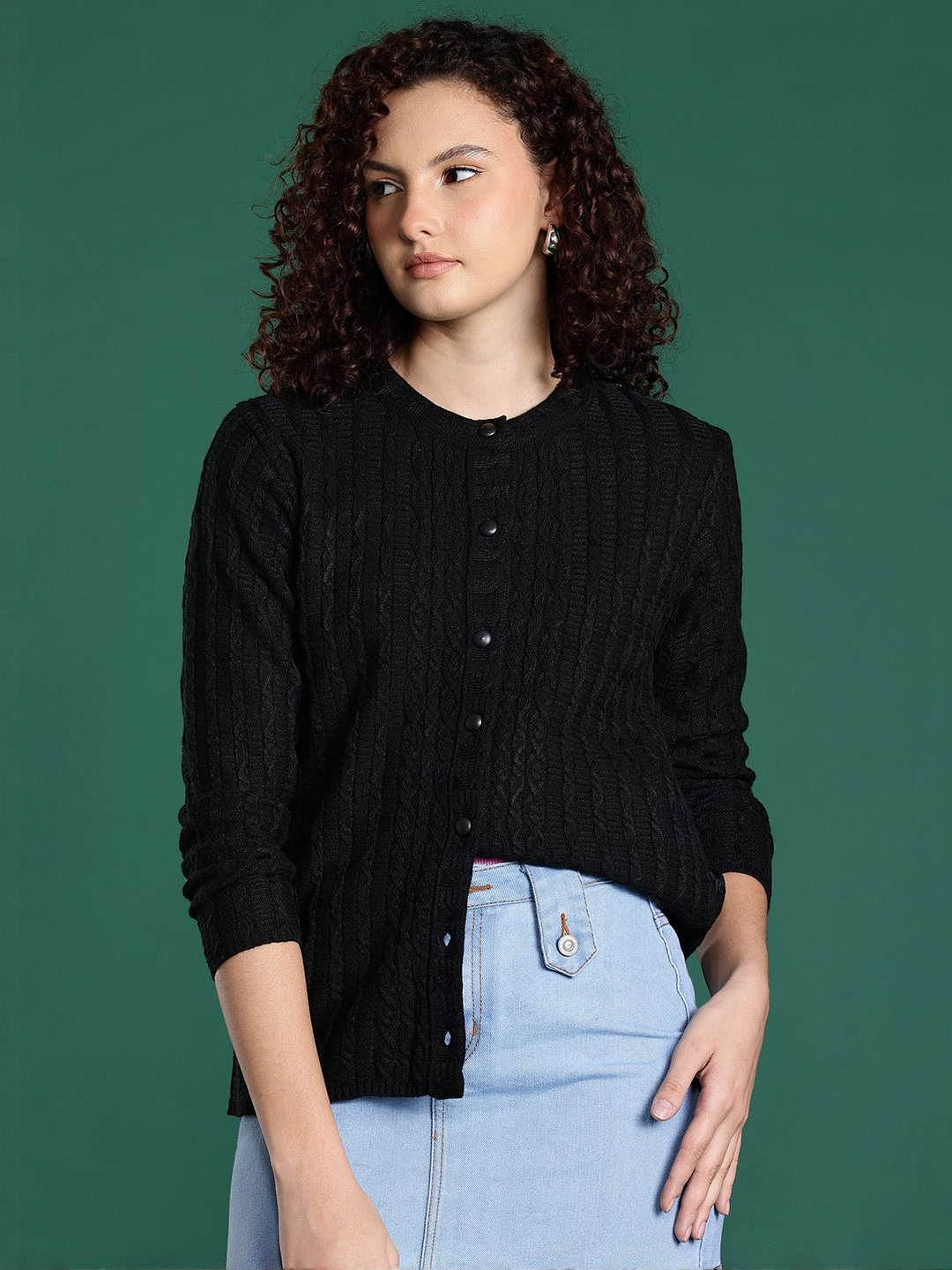 Roadster Women Solid Black Cable Knitted Woollen Cardigan