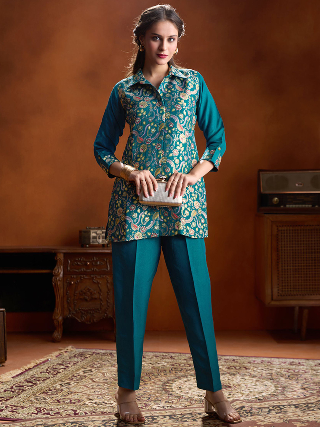 WOMEN PLUS Moh Collection Plus Size Jacquard Weave Shirt Collar Tunic With Trouser