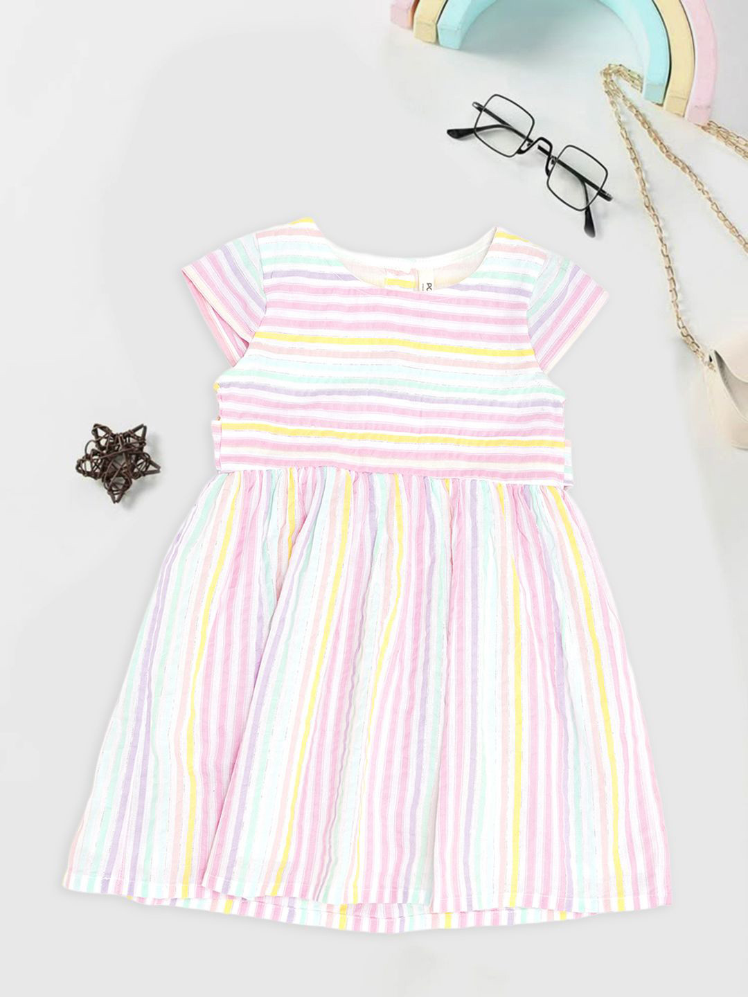 Pantaloons Baby Girls Striped Cap Sleeves Cotton Fit & Flare Dress
