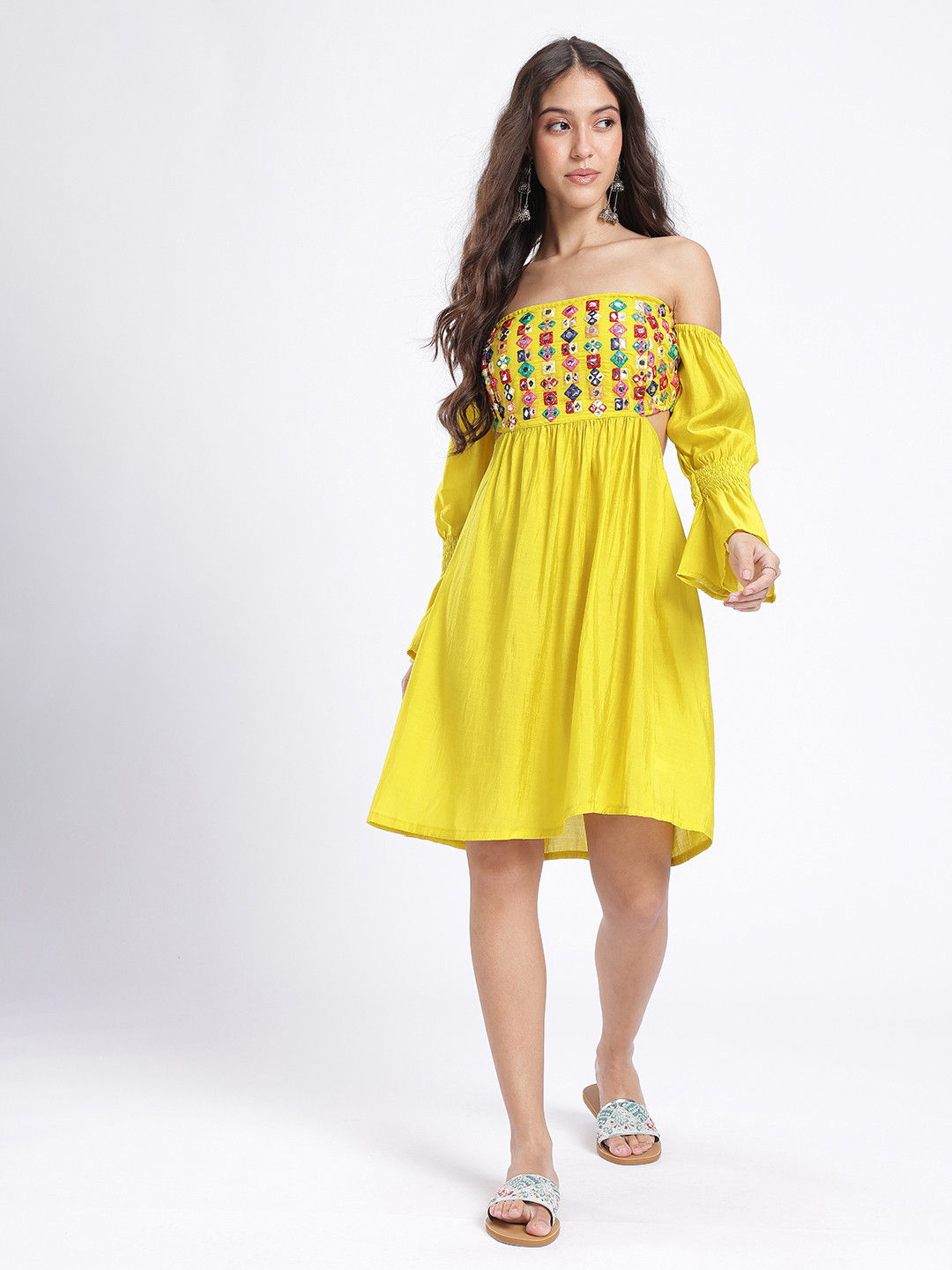 glitchez Mirror Work Embroidered Off-Shoulder Cut-Out Detail Smocked A-Line Dress