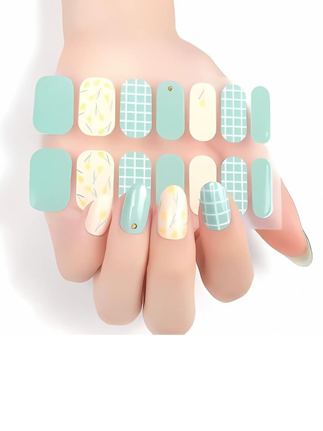 Hawtever Set Of 14 Long Lasting Quick Dry Nail Wraps - Floral Mint