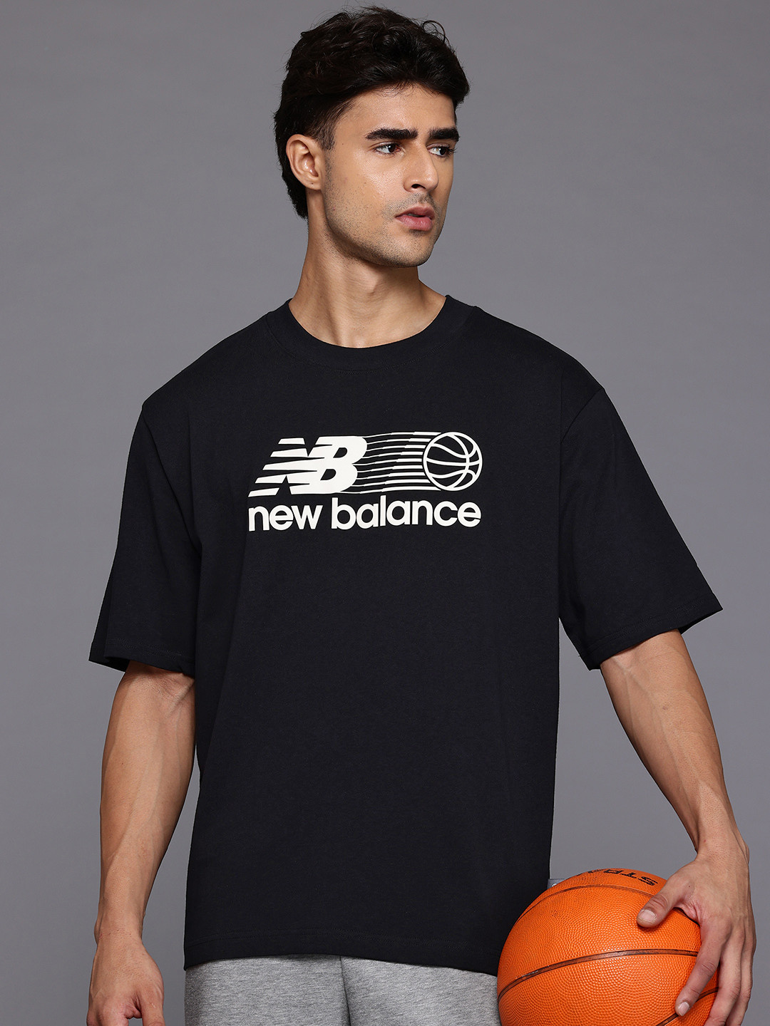 New Balance Hoops Graphic Brand Logo Printed Drop-Shoulder Sleeves Pure Cotton T-shirt