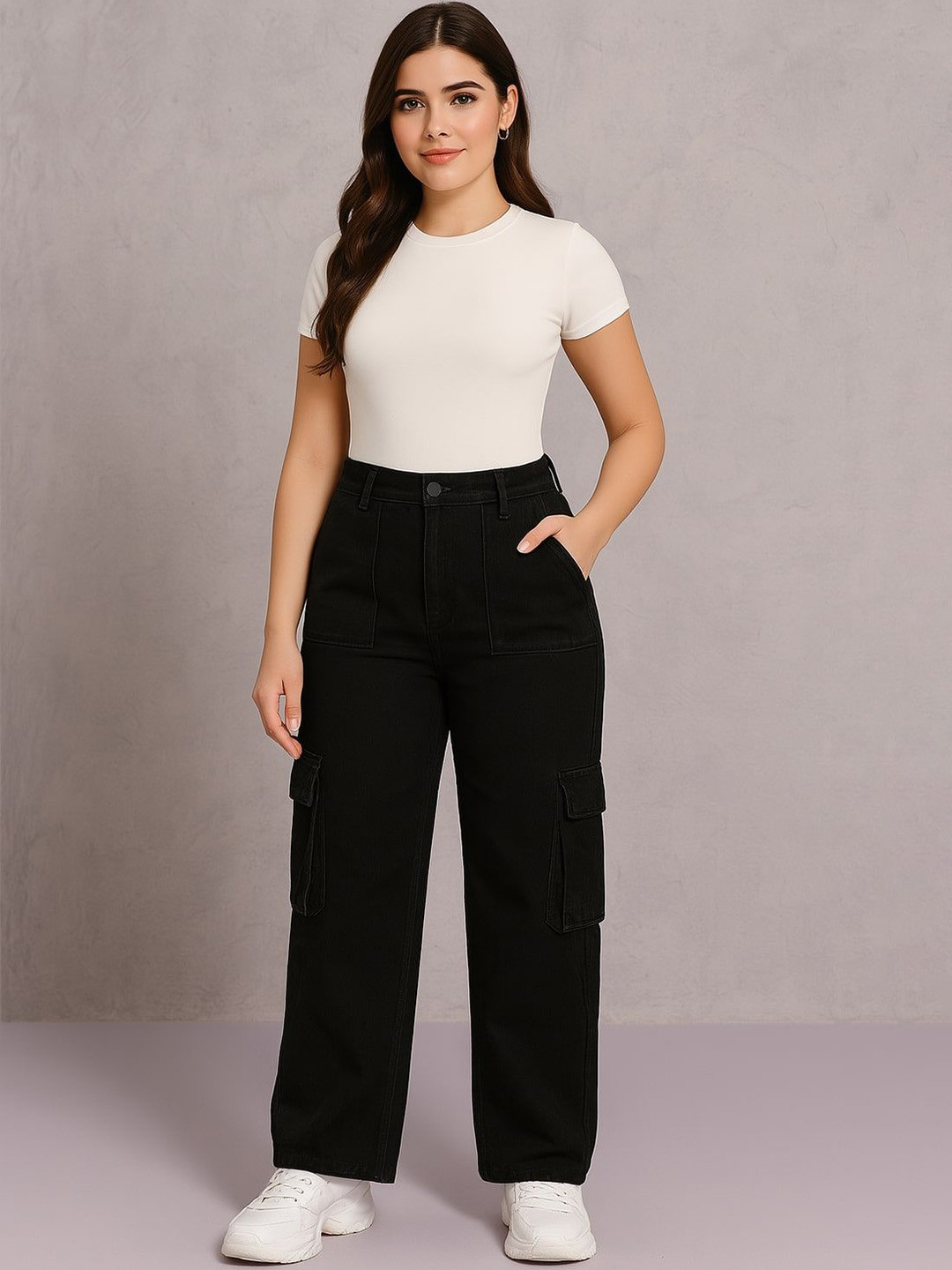 NU CLOTHS Women High-Rise Stretchable Cargo Jeans