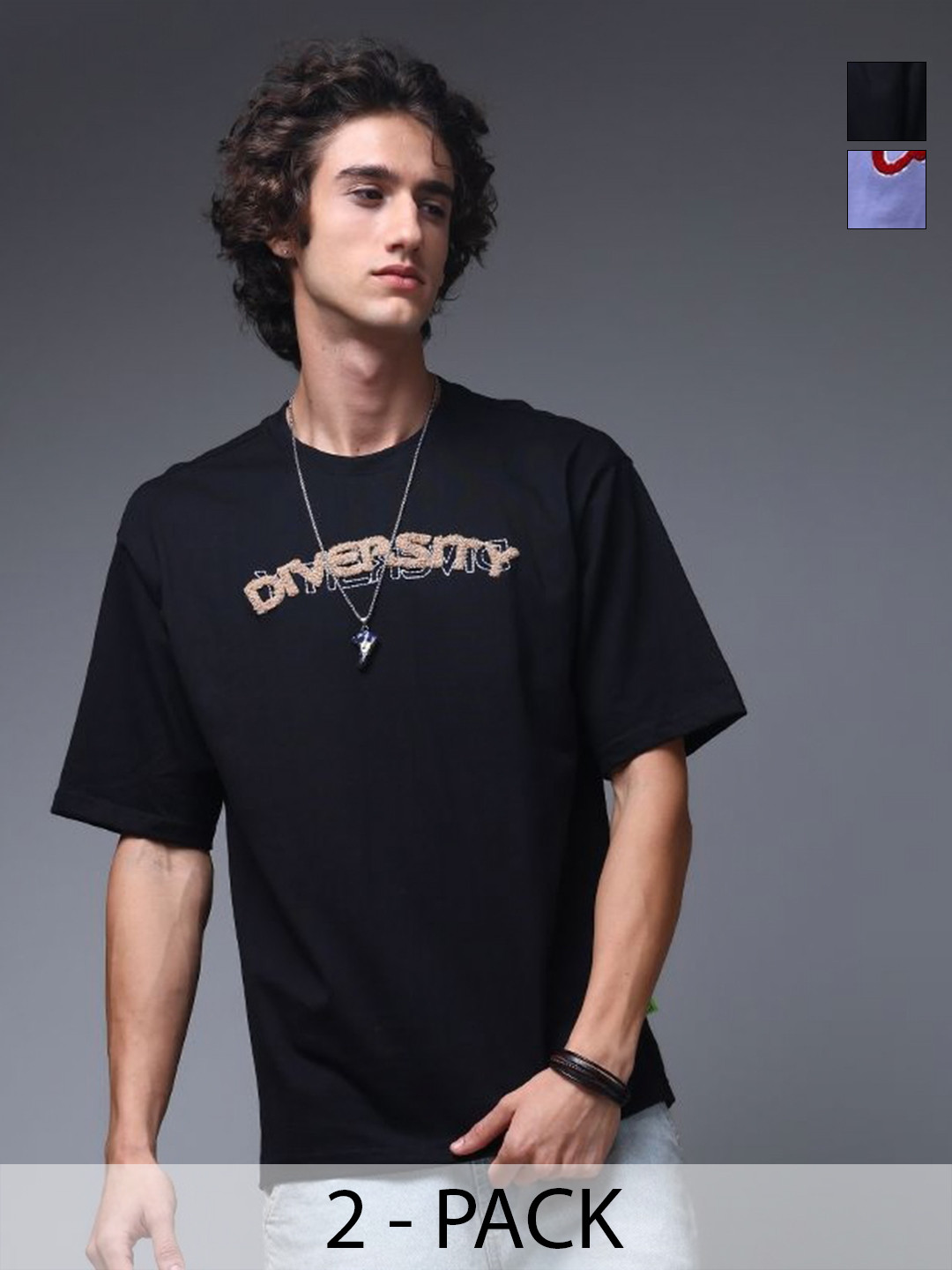 MADSTO Pack Of 2 Typography Embroidered Cotton Regular Fit T-shirts