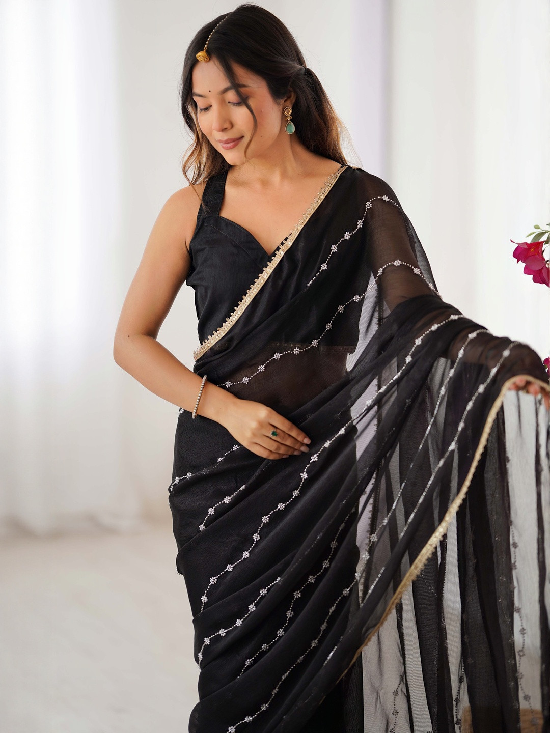 Peachmode Black Organza Embellished  Sarees