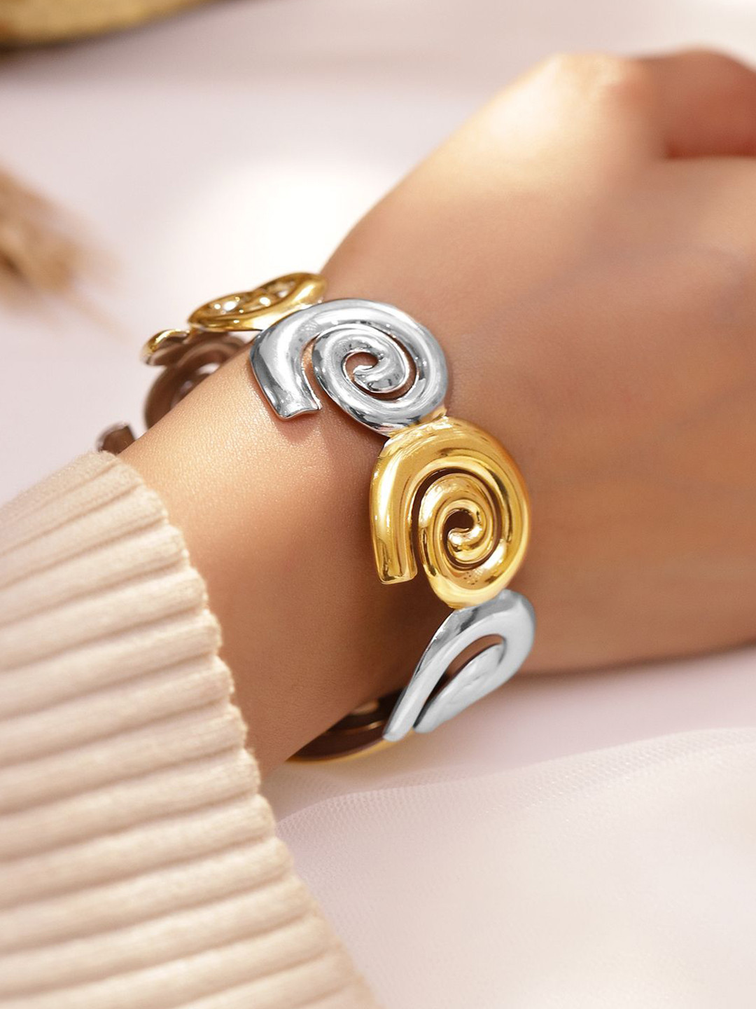 Rubans Voguish Silver & 18K Gold Dual-Plated Abstract Spiral Statement Bracelet